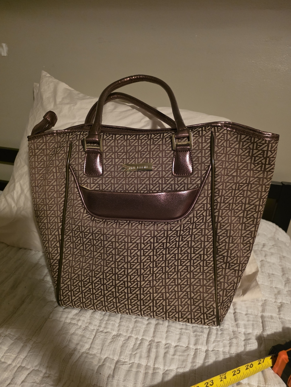 Anne Klein Brown Patterned Laptop Tote with Metallic Trim